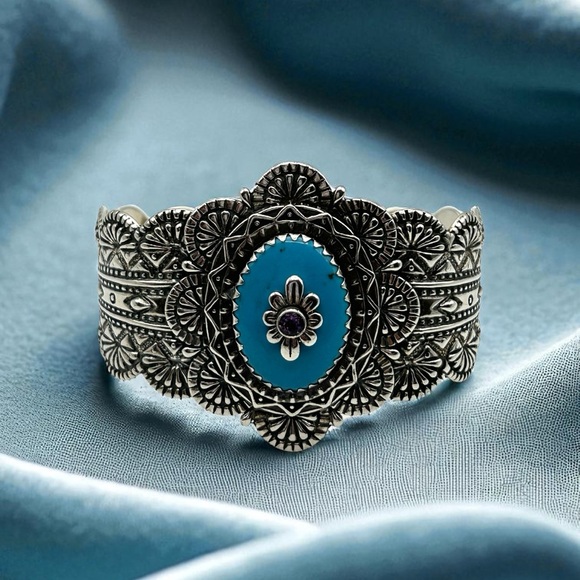 Carolyn Pollack 925 Sterling Silver Turquoise & Amethyst Ornate Cuff Bracelet 7” - Picture 1 of 16